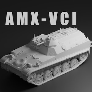 Puede incluir: Modelo 3D gris claro de un vehículo blindado de transporte de personal AMX-VCI. El modelo es detallado, mostrando las orugas, la torreta y otras características del vehículo. El texto "AMX-VCI" se muestra en blanco encima.