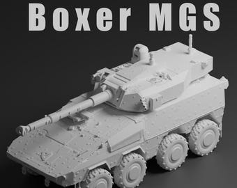 Boxer MGS Unpainted Miniature – Dark Grey Resin 8x8 Fire Support Vehicle – 1/48 • 1/56 • 1/64 • 1/72 • 1/76 • 1/87 • 1/100 • 1/144