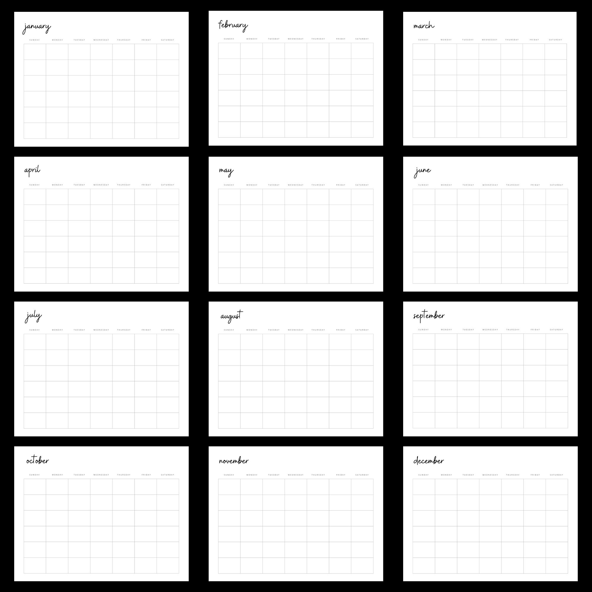 Monthly Blank Calendar: Instant Download, Minimalist Calendar, 11x8.5 ...