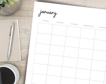 Monthly Blank Calendar: Instant download, Minimalist Calendar, 11x8.5 inches, Printable Calendar, PDF