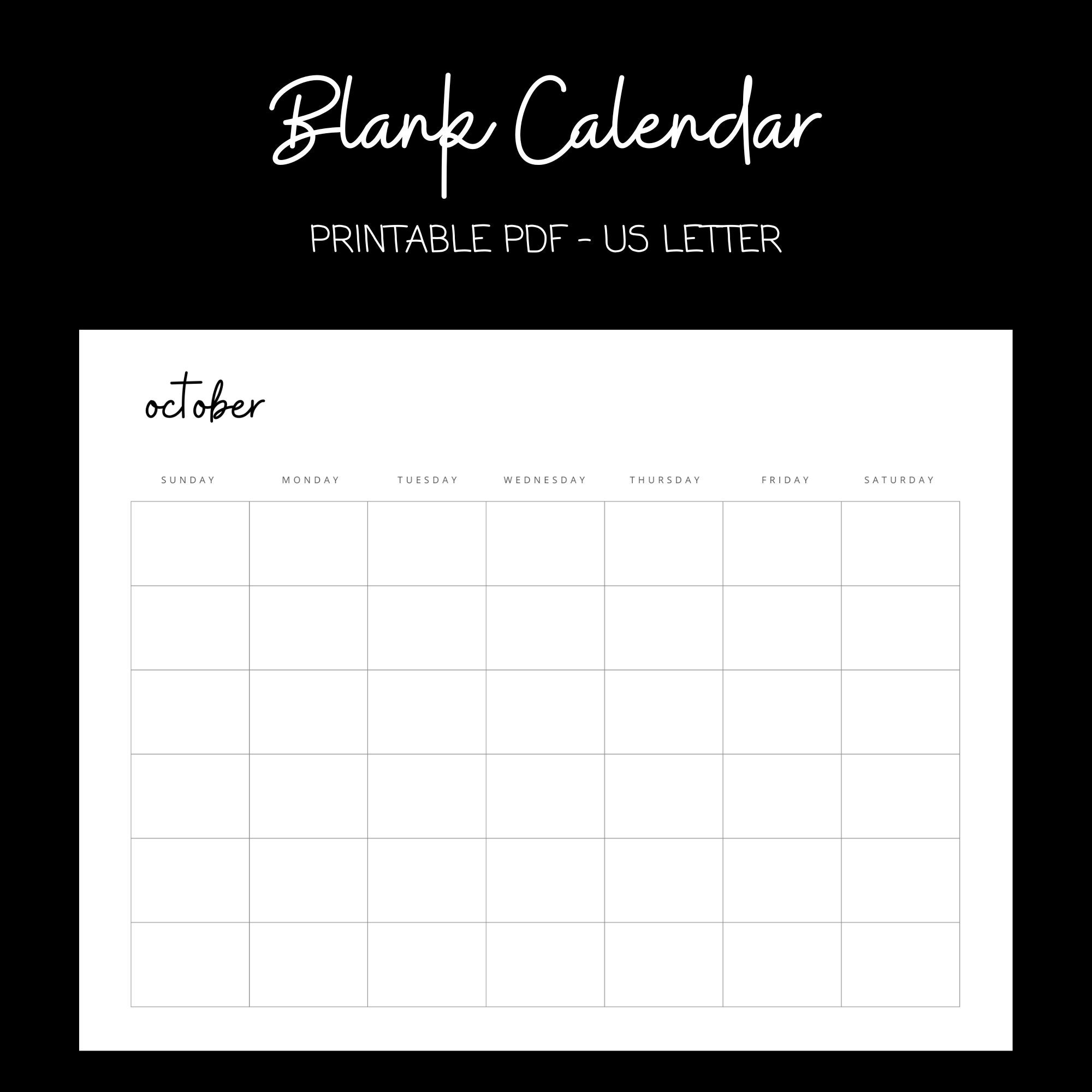Monthly Blank Calendar: Instant Download, Minimalist Calendar, 11x8.5 ...
