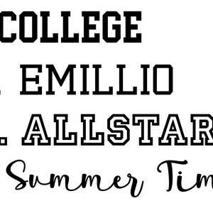 May include: A list of four names in different fonts. The first three names are in a bold, blocky font, and the last name is in a cursive font. The names are: 1. COLLEGE, 2. EMILLIO, 3. ALLSTAR, 4. Summer Time.