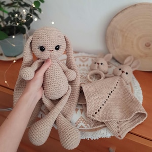 Crocheted bunny, perfect baby shower gift, handmade animal toy, long-eared rabbit, booties, blanket, rattle, comforter, gift from grandma