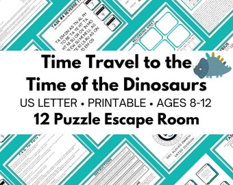 Dinosaur Escape Game – Time Travel to the Time of Dinos Party Game – 12 Puzzle Scavenger Hunt – DIY Escape Room - Kid Friendly Treasure Hunt