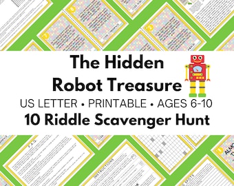 Kid Friendly Escape Game – Hidden Robot Treasure Hunt – Robot Hidden Treasure Party Game – 10 Riddle Scavenger Hunt – DIY Escape Room