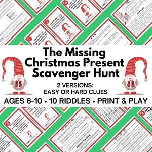 Op de afbeelding: Een kerst-speurtochtspel met de titel "The Missing Christmas Present Scavenger Hunt". Het spel bevat 10 raadsels, is print en play en is ontworpen voor kinderen van 6-10 jaar. De afbeelding heeft een groene achtergrond en rode en witte accenten.