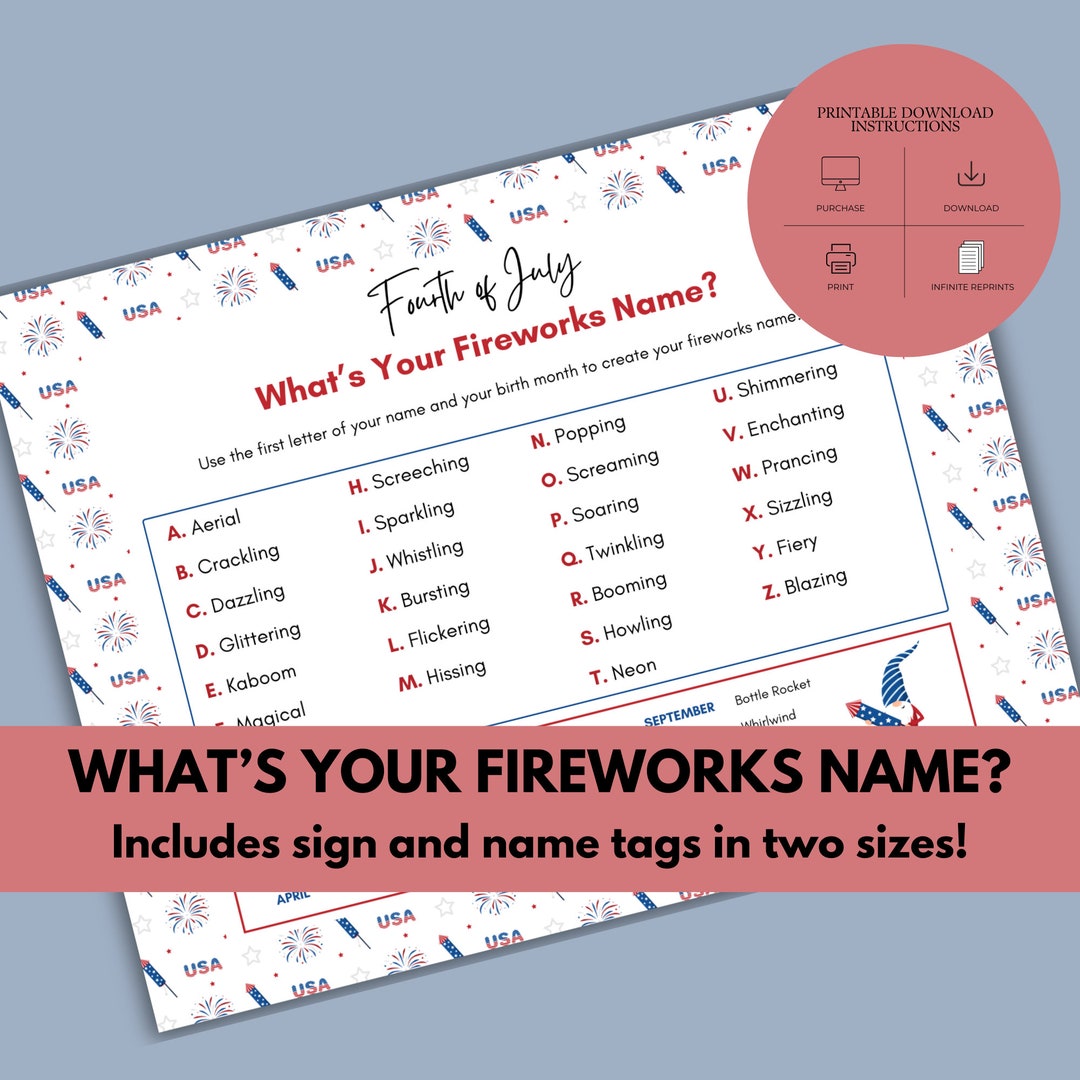 Firework Name Plates What's Your Fireworks Name Game With Sign and Name Tags in 2 Sizes ...