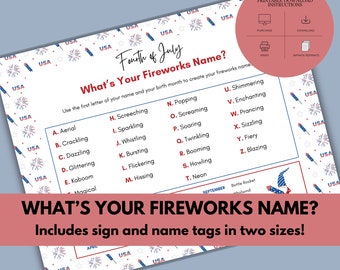 What's Your Fireworks Name Game with Sign and Name Tags in 2 Sizes Patriotic Party Game perfect for Memorial Day, Fourth of July, Labor Day