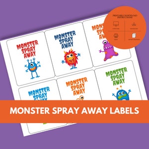 Op de afbeelding: Printbare labels met een monster spray away-thema. De labels bevatten kleurrijke cartoonmonsters met de tekst "Monster Spray Away" op elk label.
