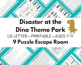 Dinosaur Escape Game – Disaster at the Dino Theme Park Party Game – 9 Puzzle Scavenger Hunt – DIY Escape Room - Kid Friendly Treasure Hunt