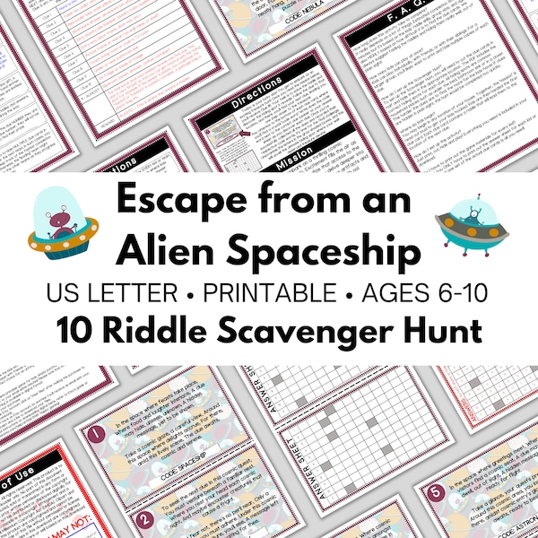 Kid Friendly Escape Game - Alien Spaceship Treasure Hunt – Escape the Aliens Party Game – 10 Riddle Scavenger Hunt – DIY Escape Room