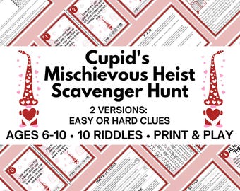 Valentine Treasure Hunt - Cupid’s Mischievous Heist Party Game - 10 Riddle Scavenger Hunt - Indoor Crack the Code Kid Friendly Hunt