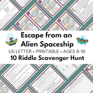 Kid Friendly Escape Game - Alien Spaceship Treasure Hunt – Escape the Aliens Party Game – 10 Riddle Scavenger Hunt – DIY Escape Room