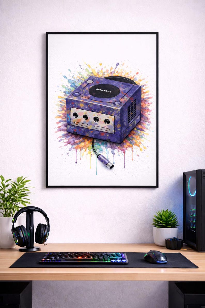 Retro Cube Gaming Console Wall Art Print | Colourful Watercolour Gamer ...