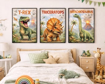 Dinosaur Nursery Wall Art Set, T-Rex Triceratops Brachiosaurus Prints (Digital Download)