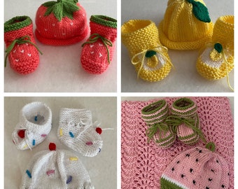 Knit baby hat booties, fruit strawberry lemon pumpkin cap, unisex infant crib shoes beanie, knitted crochet, baby shower gift, newborn gift