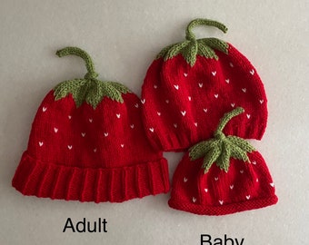 Knit strawberry fruit hat; adult, toddler, baby caps; Mommy and me beanie sets; handmade baby shower gift; summer, spring newborn infant red