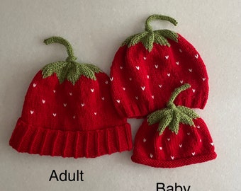 Knit strawberry fruit hat; adult, toddler, baby caps; Mommy and me beanie sets; handmade baby shower gift; summer, spring newborn infant