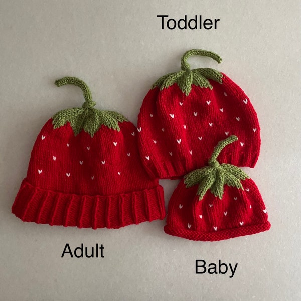 Knit strawberry fruit hat; adult, toddler, baby caps; Mommy and me beanie sets; handmade baby shower gift; summer, spring newborn infant