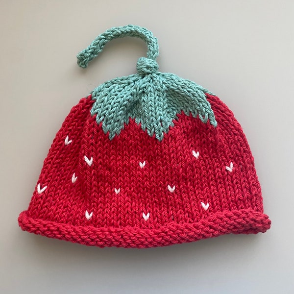 Knit organic cotton strawberry fruit hat; toddler, baby caps; berry beanie; handmade baby shower gift; summer, spring newborn infant present