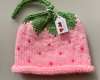 Gorro de punto rosa con fresas; gorros para adultos, bebés y niños pequeños; conjuntos de gorros para mamá e hija; regalo artesanal para baby shower; ideal para recién nacidos en verano y primavera.