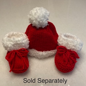 Hand knit Christmas Santa hat booties, separately or set. Knitted infant toddler beanie cap crib shoes; newborn unisex girl boy; crochet