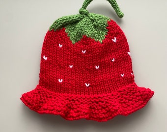 Knit strawberry fruit baby hat; ruffled brim cap beanie; handmade baby shower gift present; summer, spring, sun, bucket newborn infant cute