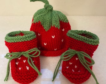 Knit baby hat booties; strawberry, fruit, berry; unisex newborn infant; crib shoes beanie cap; handmade knitted crochet baby shower gift