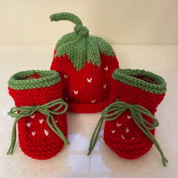 Knit baby hat booties; strawberry, fruit, berry; unisex newborn infant; crib shoes beanie cap; handmade knitted crochet baby shower gift