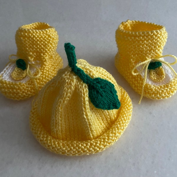 Lemon and Mango hand knit baby hat and booties; cap, beanie; crib shoes socks; knitted crochet; baby shower gift, infant newborn gift; fruit