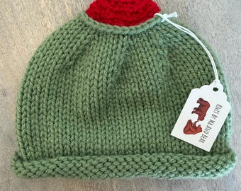 Gorro verde oliva tejido; gorros para bebés y niños pequeños; conjuntos de gorro y patucos; regalo para baby shower hecho a mano; bebé recién nacido; vegetal verde rojo