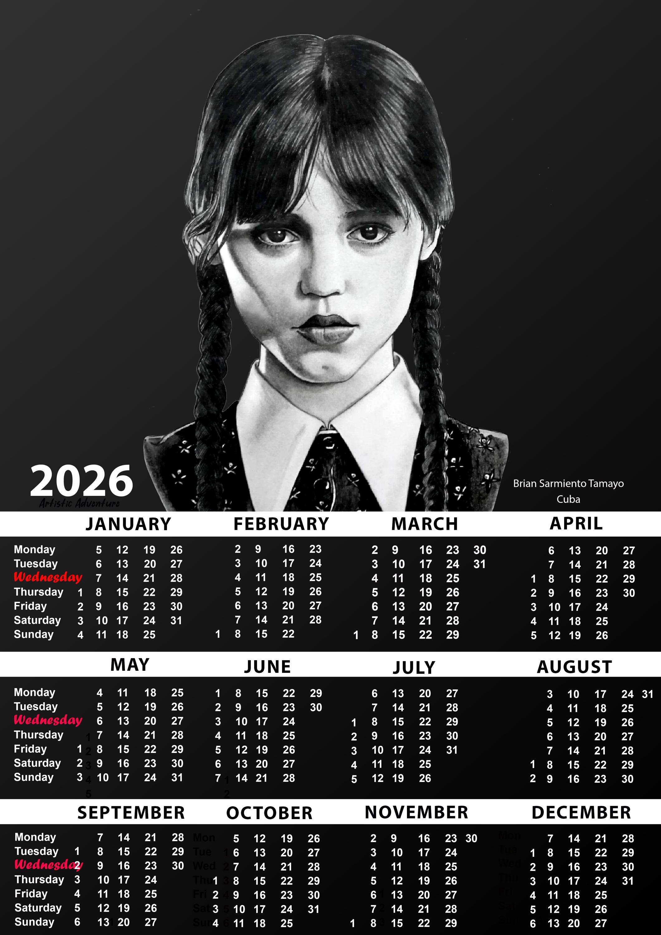 Clendar 2026 , Calendario 2026, Wednesday Calendar, Adams Familiy