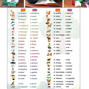May include: An image featuring a colorful educational chart with animal names in Spanish and English. The chart includes illustrations of various animals, such as a kangaroo, camel, and squirrel. The words "LOVE YOU" are also visible.