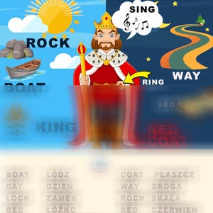 May include: An educational poster featuring a central illustration of a king wearing a crown and red robe. The image includes various labeled objects such as a boat, rock, wing, and ring, alongside text elements like DAY, NIGHT, SING, and WAY, with a bilingual vocabulary list at the bottom.