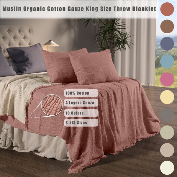 Muslin Cotton Blanket, Natural Organic Cotton Bedspread, King Size Blanket, Cotton Bedding Set, Queen Bedspread, 4 Layer Gauze Throw Blanket