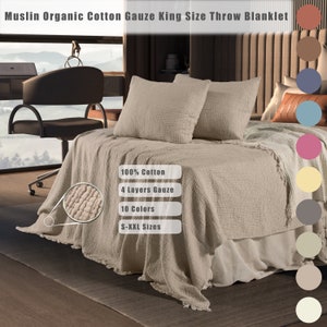 Natural Cotton Muslin Blanket,  Organic Cotton Bedspread, King Size Blanket, Cotton Bedding Set, Queen Bedspread,4 Layer Gauze Throw Blanket