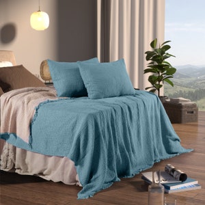Sapphire Blue Muslin Cotton Blanket, Organic Cotton Bedding,King Size Bedspread,King Bedding Set,Queen Bedspread,4 Layer Gauze Throw Blanket