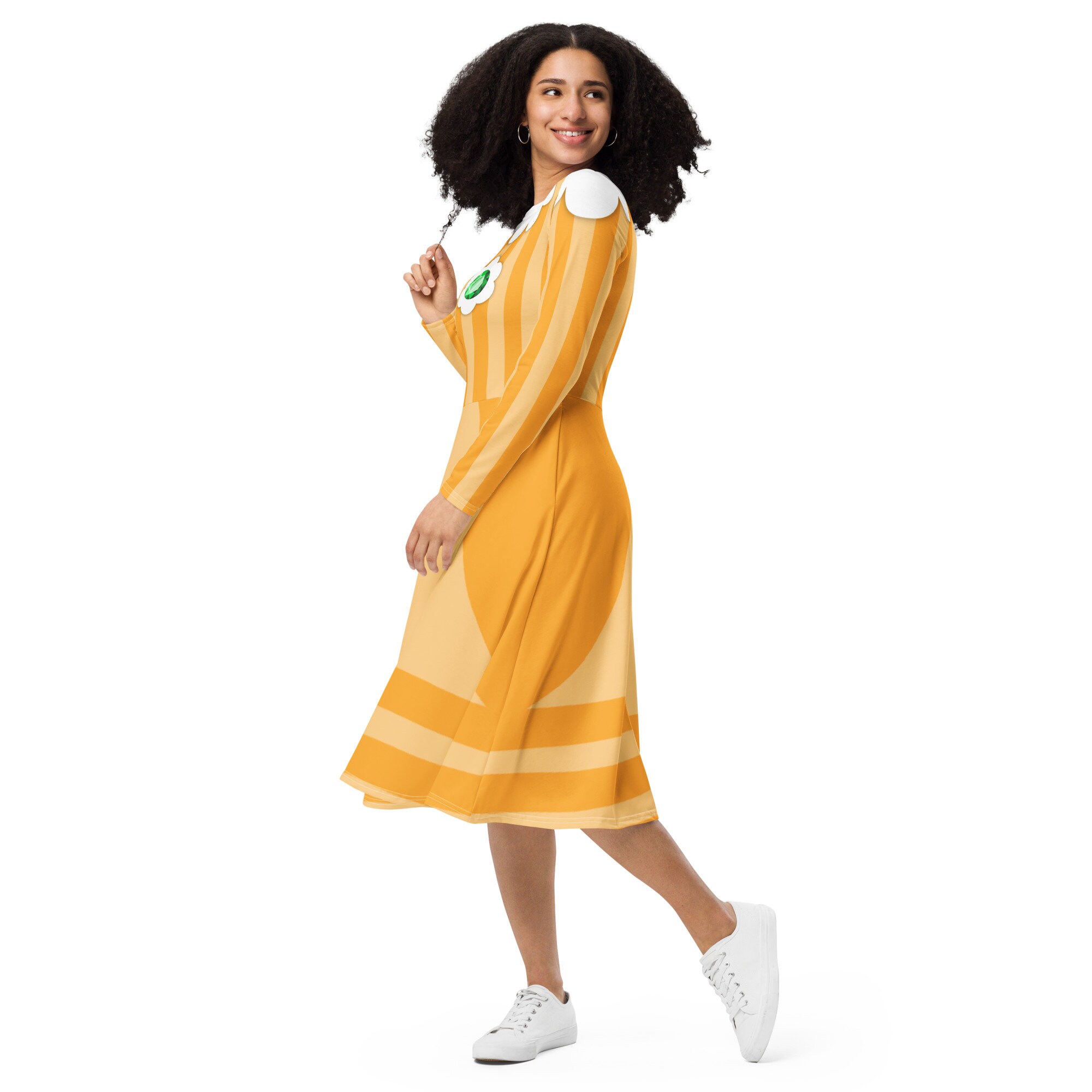 DAISY COSPLAY DRESS, Allover Print Long Sleeve Midi Dress, Orange