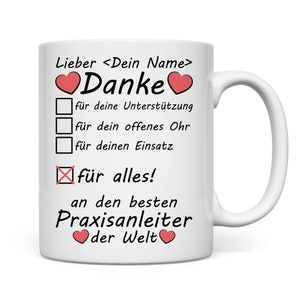 Könnte beinhalten: Weißer Keramikbecher mit schwarzem Text und roten Herzakzenten. Der Becher trägt das Wort "Danke" und enthält deutsche Sätze. Ein Geschenk für einen Mentor oder Lehrer.