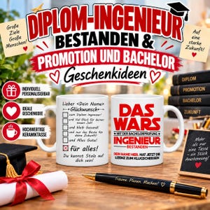 Könnte beinhalten: Zwei weiße Keramiktassen mit rotem und schwarzem Text. Eine Tasse zeigt eine Checkliste mit deutschem Text und Platzhalter für einen Namen. Die andere Tasse trägt den Text 'DAS WARS INGENIEUR' in fetter roter Schrift sowie weiteren Text.
