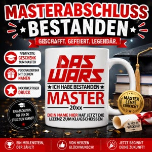 Masterabschluss Tasse personalisiert, Geschenk Master, Master geschafft Mann, lustige Abschlusstasse