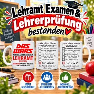 Könnte beinhalten: Drei weiße Keramikbecher mit schwarzer und roter Textgestaltung. Der erste Becher zeigt 'DAS WARS' in stilisierter Schrift mit 'LEHRAMT BESTANDEN'. Die anderen beiden Becher zeigen eine Checkliste mit 'Glückwunsch' und 'für alles' Text.
