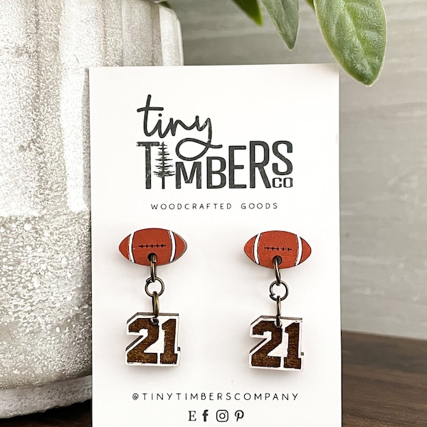 Personalized Football Number Wood Stud Dangle Earrings