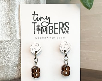 Personalized Volleyball Number Wood Stud Dangle Earrings
