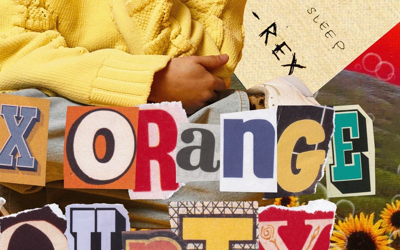 Puede incluir: Un collage con la palabra "ORANGE" en letras recortadas de diferentes colores y fuentes. La imagen tambi&eacute;n incluye las palabras "- REX" y "sleep" en texto escrito a mano. Se ve una persona con un su&eacute;ter amarillo.