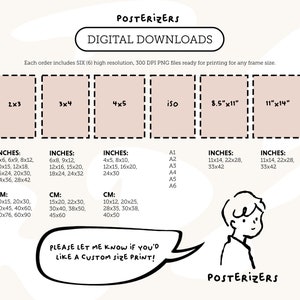 Puede incluir: Gu&iacute;a de tama&ntilde;os de impresi&oacute;n digital con dimensiones en pulgadas y cent&iacute;metros. Incluye tama&ntilde;os como 2x3, 3x4, 4x5 y tama&ntilde;os de papel ISO. La imagen tambi&eacute;n presenta el texto "PLEASE LET ME KNOW IF YOU'D LIKE A CUSTOM SIZE PRINT!"