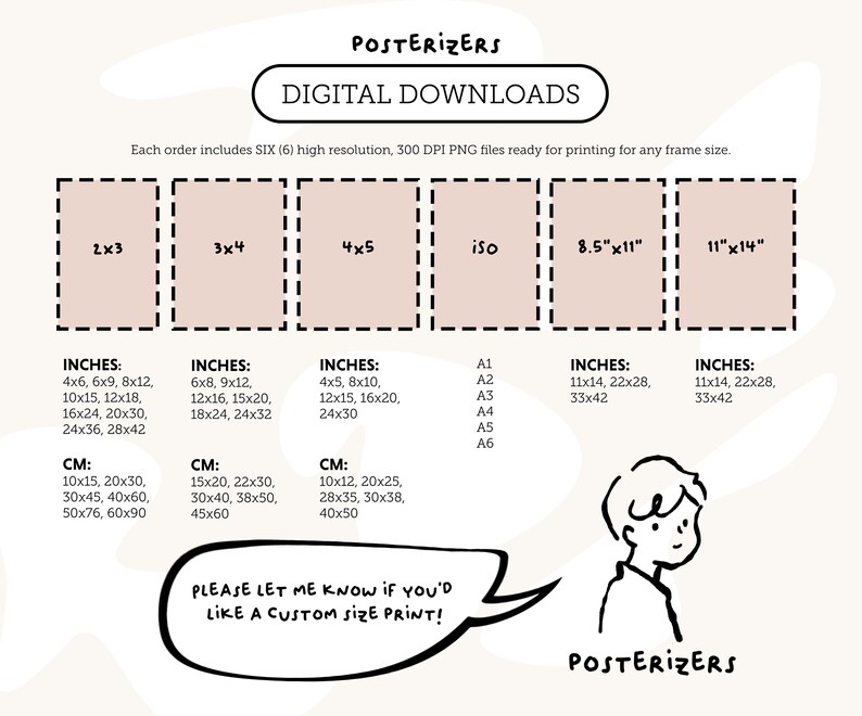 Puede incluir: Gu&iacute;a de tama&ntilde;os de impresi&oacute;n digital con dimensiones en pulgadas y cent&iacute;metros. Incluye tama&ntilde;os como 2x3, 3x4, 4x5 y tama&ntilde;os de papel ISO. La imagen tambi&eacute;n presenta el texto "PLEASE LET ME KNOW IF YOU'D LIKE A CUSTOM SIZE PRINT!"