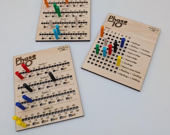 Phase 10 wooden game board | 3-piece game board | Phase 10 accessories | Board game scoreboard | Laser engraving | Handmade