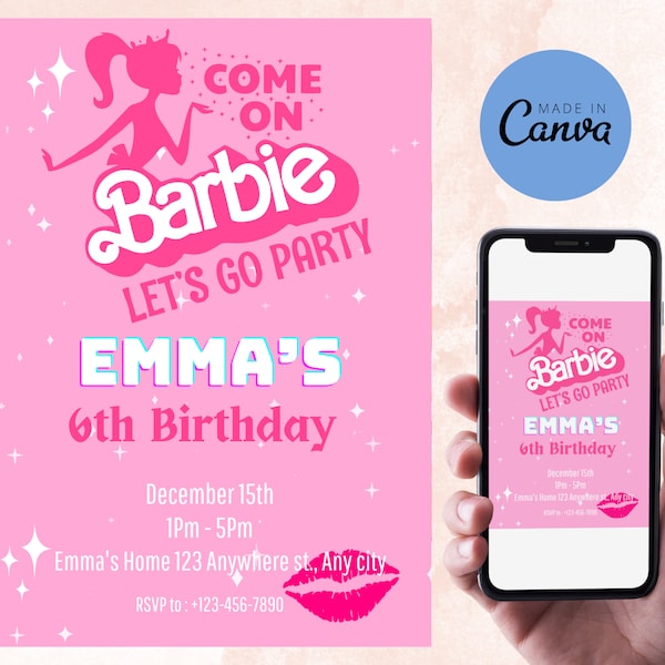 Pink Sparkle Birthday Invitation, Doll Invitation template, Princess Themed Decor, Girl Party Invite, Girl's Editable Invite, Printable Card