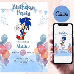 SONIC GEBURTSTAG-EINLADUNG, Sonic Invite, Sonic Party, Kinderparty, Kindereinladung, Jungen und Mädchen, bearbeitbare Canva-Vorlage